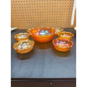 Indiana Glass Marigold Carnival Berry Bowl Set 7pc Iridescent Orange Scalloped